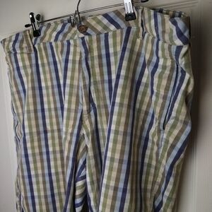 $ Olde school men blue green white stripe shorts.Zip flat front. Size 42
